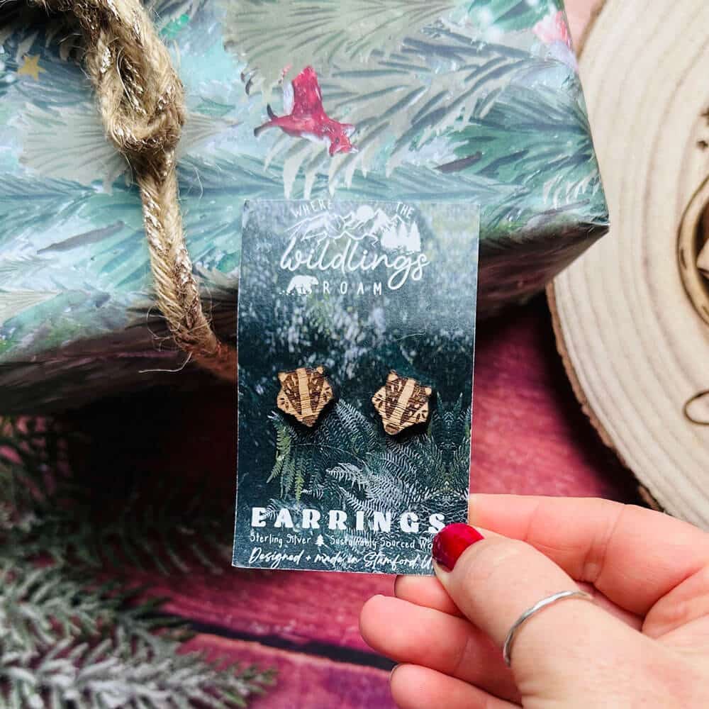 badger-head-stud-earrings-wood