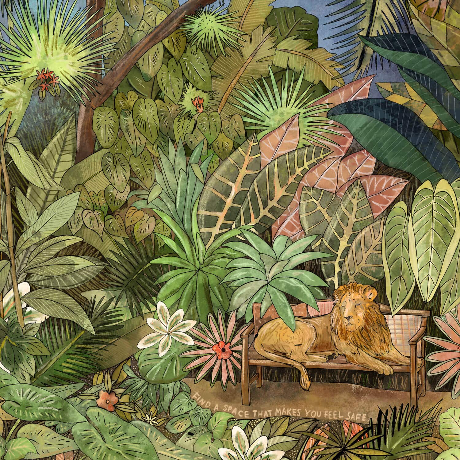 find-a-space-that-makes-you-feel-safe-lion-botanical-jungle-art-close-up