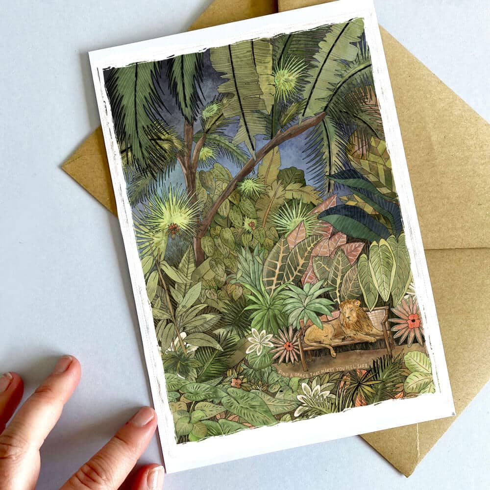 find-a-space-you-feel-safe-lion-art-botanical-jungle-card